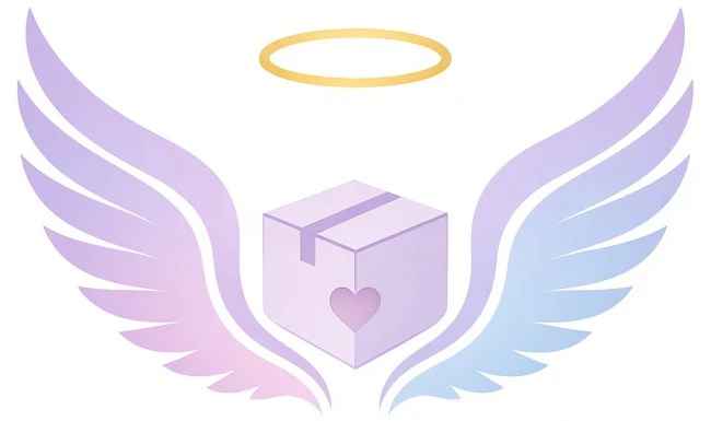 Angel wings and a golden halo around a lavender box with a heart
